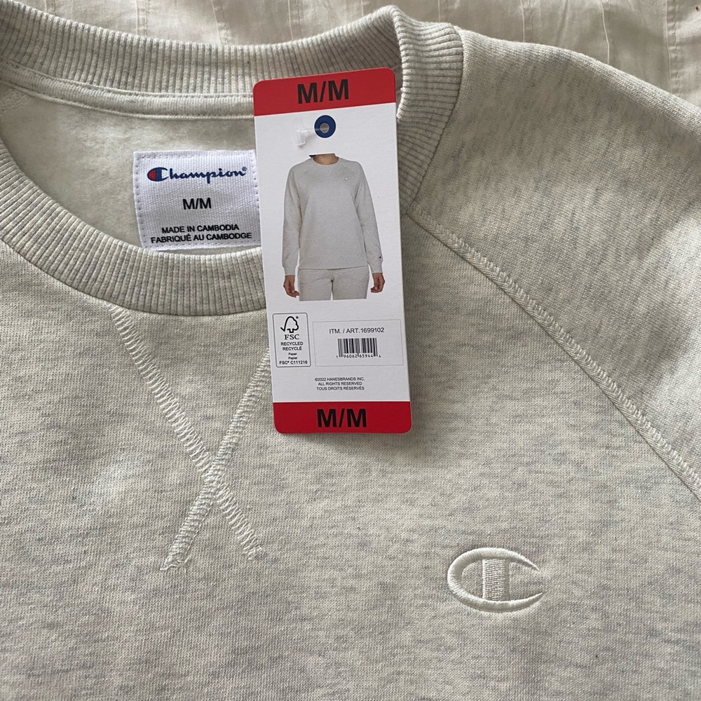 Champion crewneck (medium), cream/heather gray
